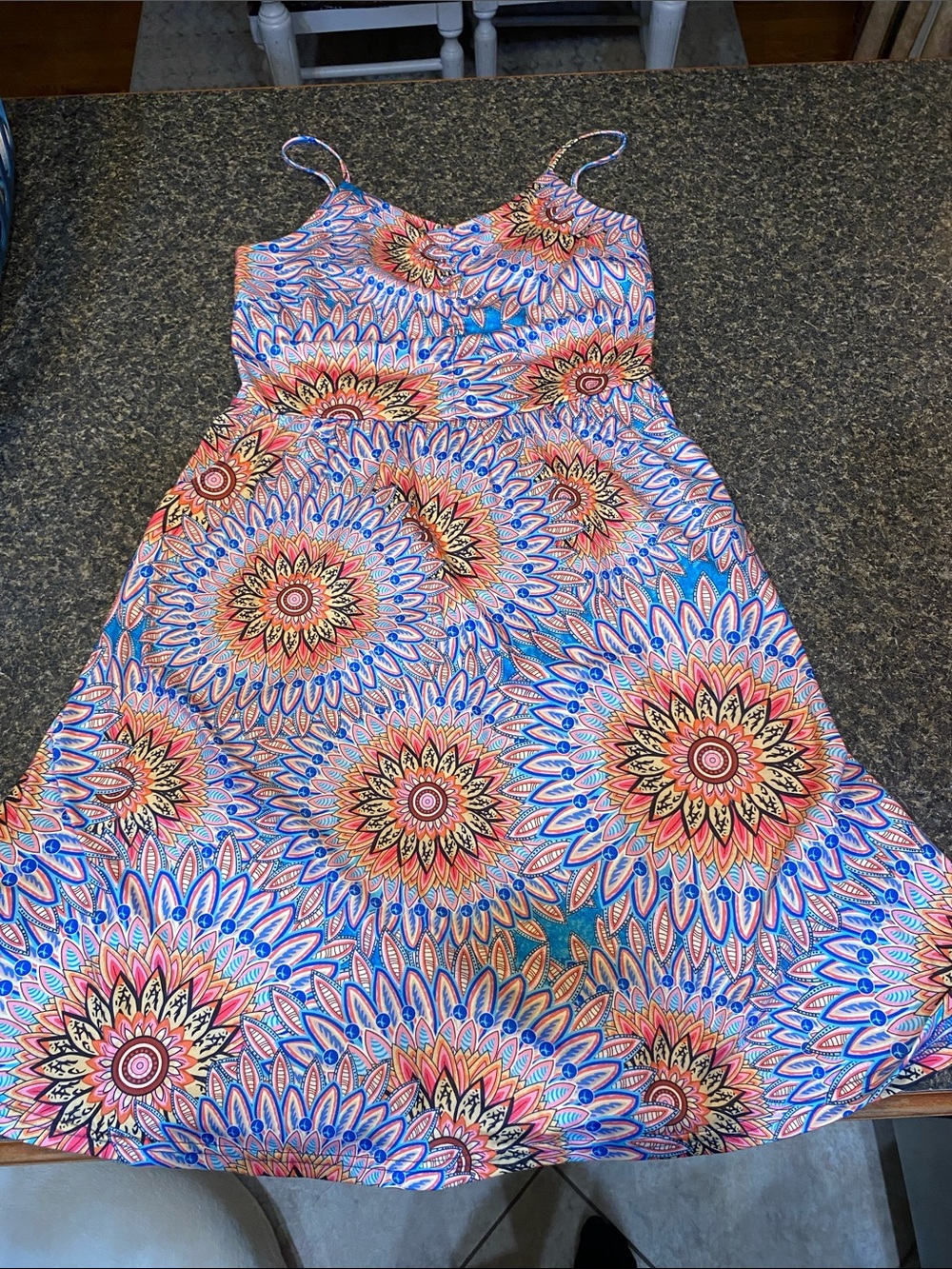 Colorful Floral Sunburst Spaghetti Strap Dress - Pink Blue Orange